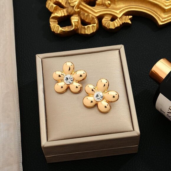 Gold Floral Earrings for Women Brass Stud Jewelry Statement Everyday Party - Picture 4 of 6